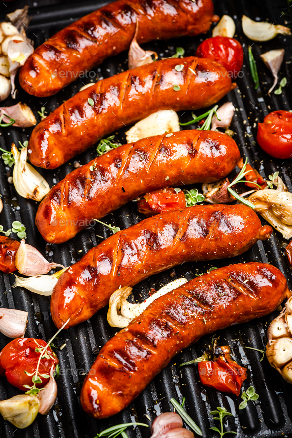 BBQ Grilled Meat Sausages with Herbs,Spices and Vegetables. Summer Party Food Stock Photo by merc67
